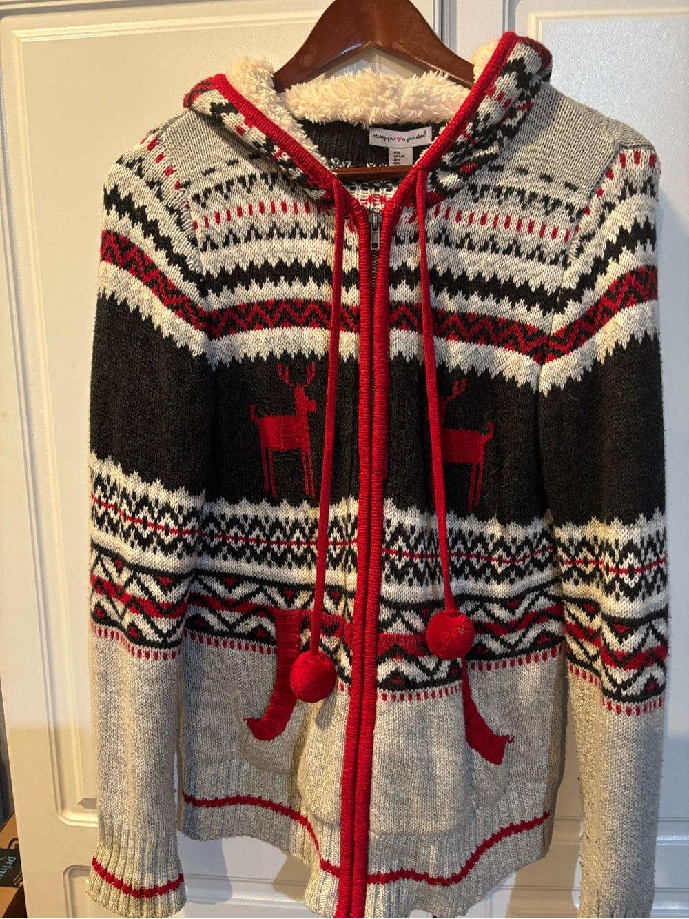 Women's Fair Isle Zip-Up Hoodie Sweater in Red, Black & Cream